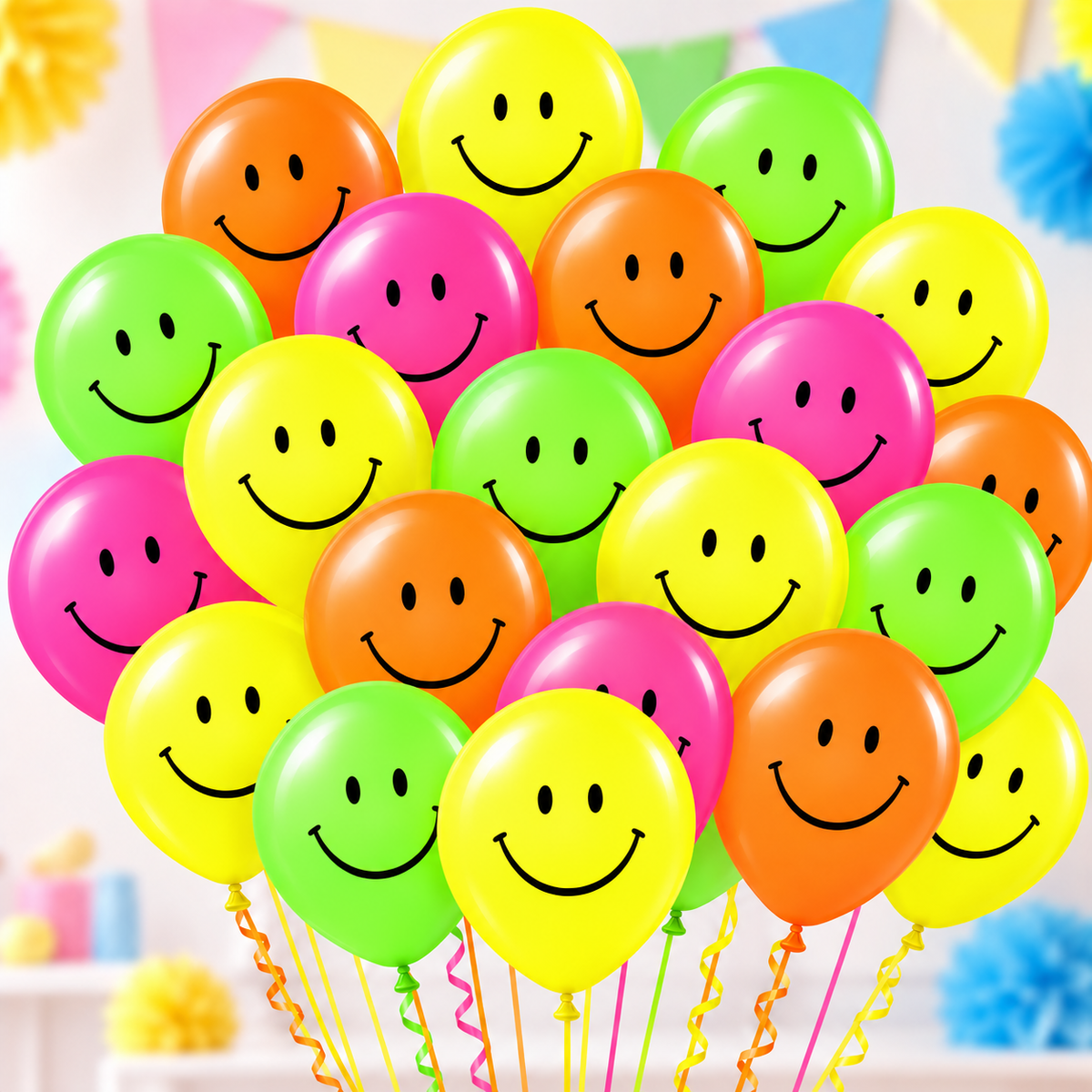 12" Neon Smiley Face Latex Balloons – Pack of 20 – Air or Helium