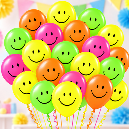 12" Neon Smiley Face Latex Balloons – Pack of 20 – Air or Helium