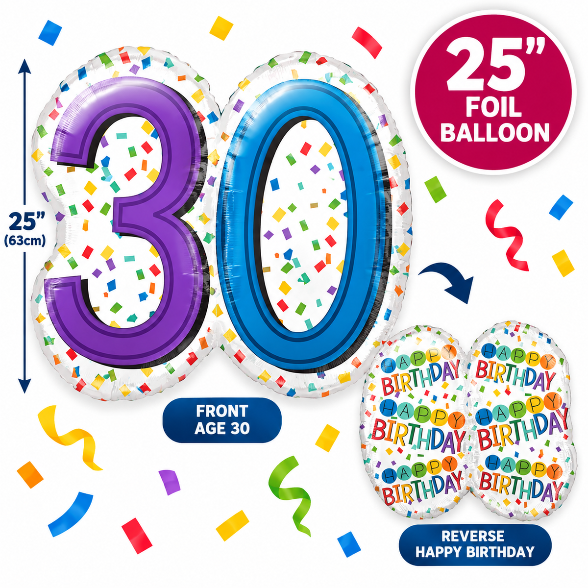 30th Birthday Foil Balloon 25"  Anagram XL Colourful Number 30 Double Sided Happy Birthday Party Decoration
