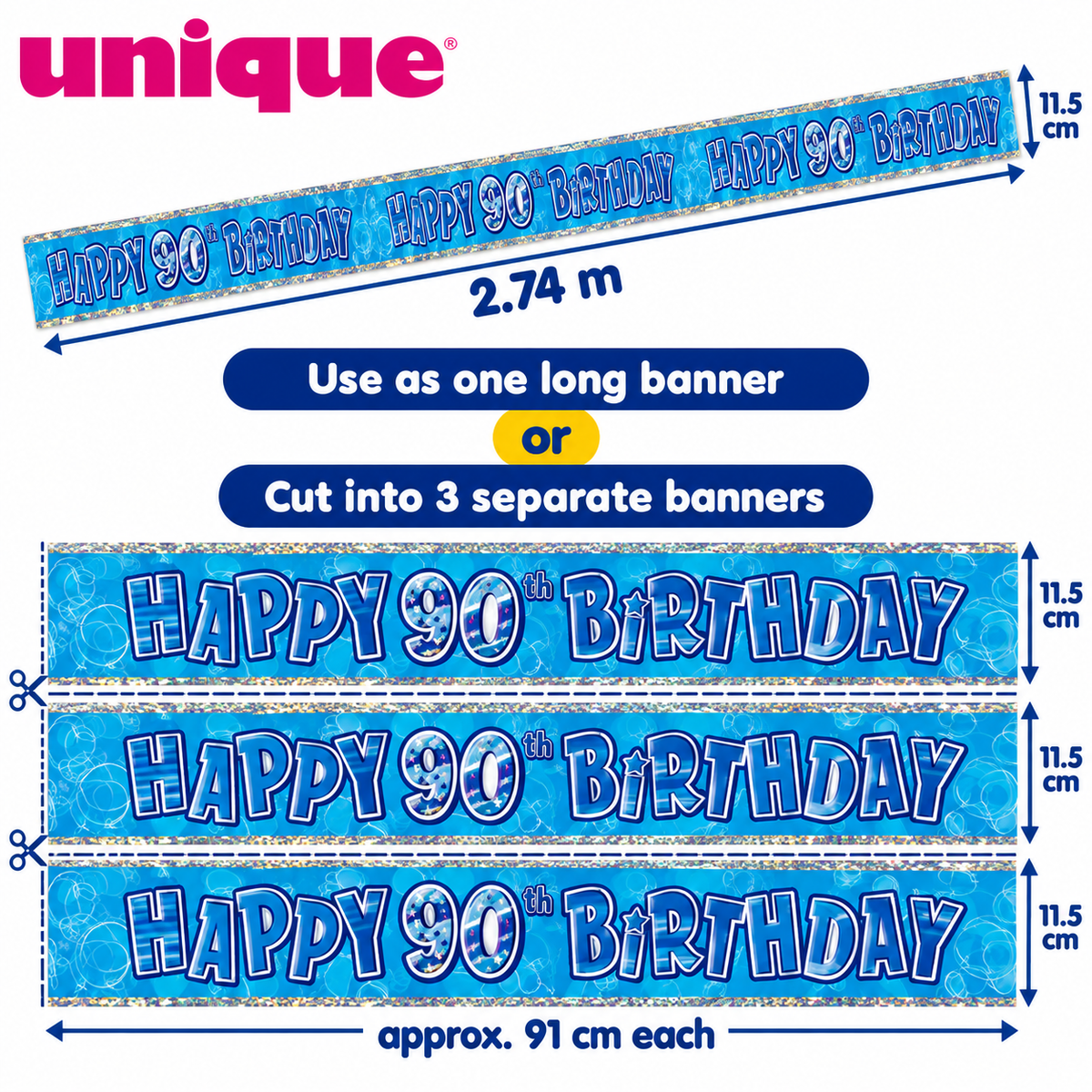 Happy 90th Birthday Banner Blue 2.74m – Cut into 3 Party Banners