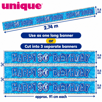 Happy 90th Birthday Banner Blue 2.74m – Cut into 3 Party Banners