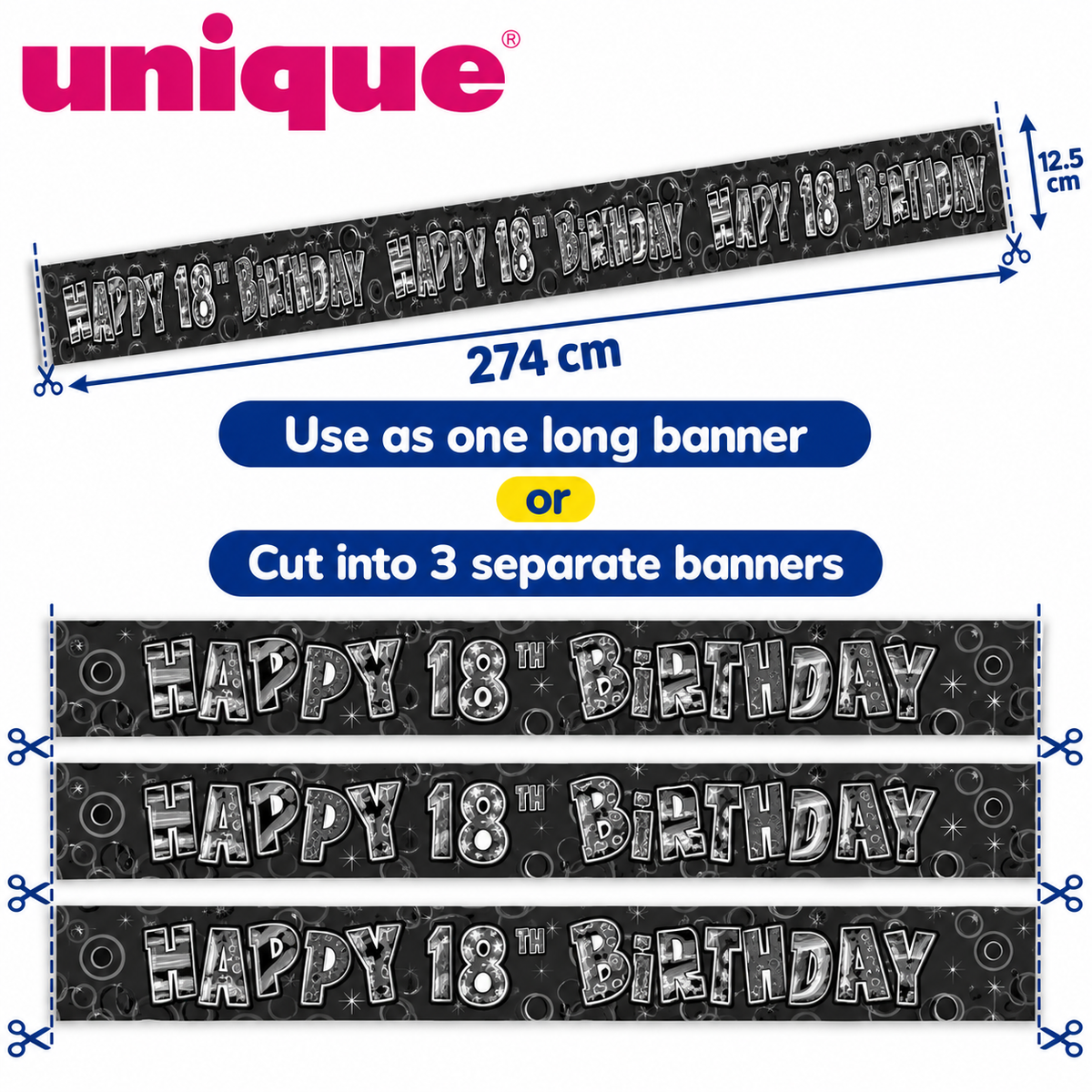 Happy 18th Birthday Banner – Black & Silver Glitz – 2.74m – Cut into 3 Banners