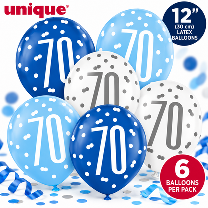 Unique 70th Birthday Balloons 12" – Pack of 6 Blue, Light Blue & White Latex Balloons