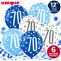 Unique 70th Birthday Balloons 12" – Pack of 6 Blue, Light Blue & White Latex Balloons