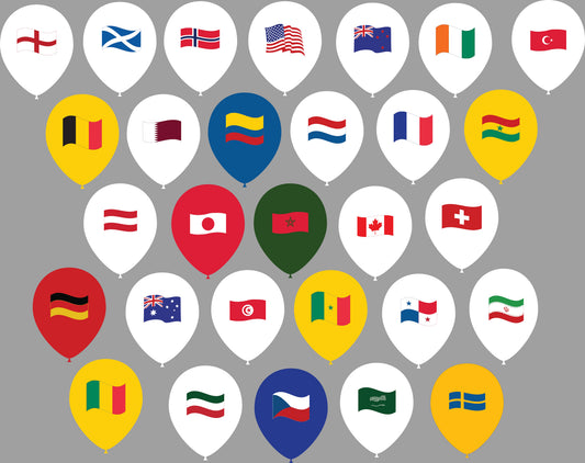 Football World Cup Flag Printed Balloons, 12" Air or Helium - Pack of 10