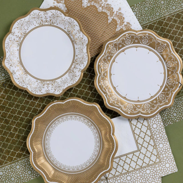 Vintage Gold Medium Paper Plates - 3 Designs 12 ct
