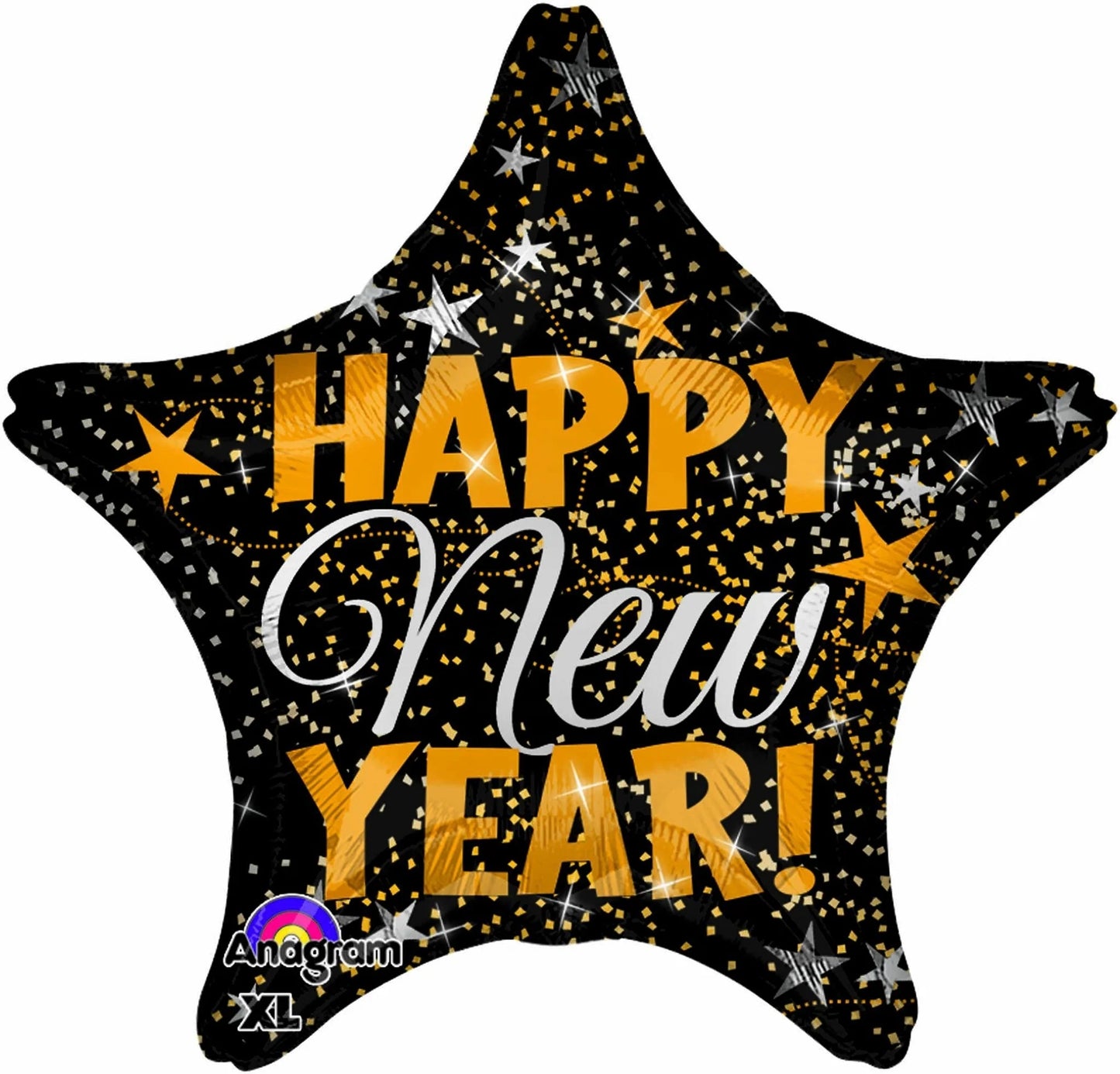 Happy New Year Gold & Silver Confetti 3144901 Star Foil Helium Balloon 19 in