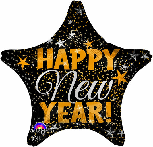 Happy New Year Gold & Silver Confetti 3144901 Star Foil Helium Balloon 19 in