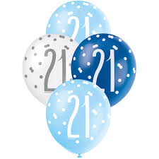 Unique 21st Birthday Balloons 12" – Pack of 6 Blue, Light Blue & White Latex Balloons