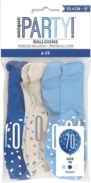 Unique 70th Birthday Balloons 12" – Pack of 6 Blue, Light Blue & White Latex Balloons