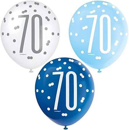 Unique 70th Birthday Balloons 12" – Pack of 6 Blue, Light Blue & White Latex Balloons