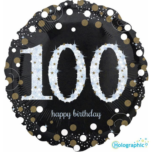 100th Happy Birthday Sparkling Black & Silver Holographic 18-inch Foil Balloon