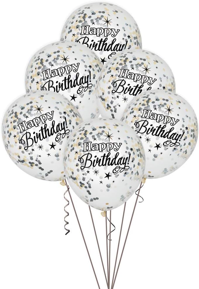 Unique Clear Black & Gold Glittering Birthday 12" Latex Balloons 6ct