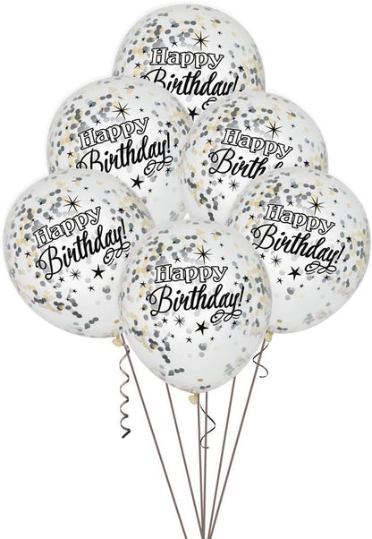 Unique Clear Black & Gold Glittering Birthday 12" Latex Balloons 6ct