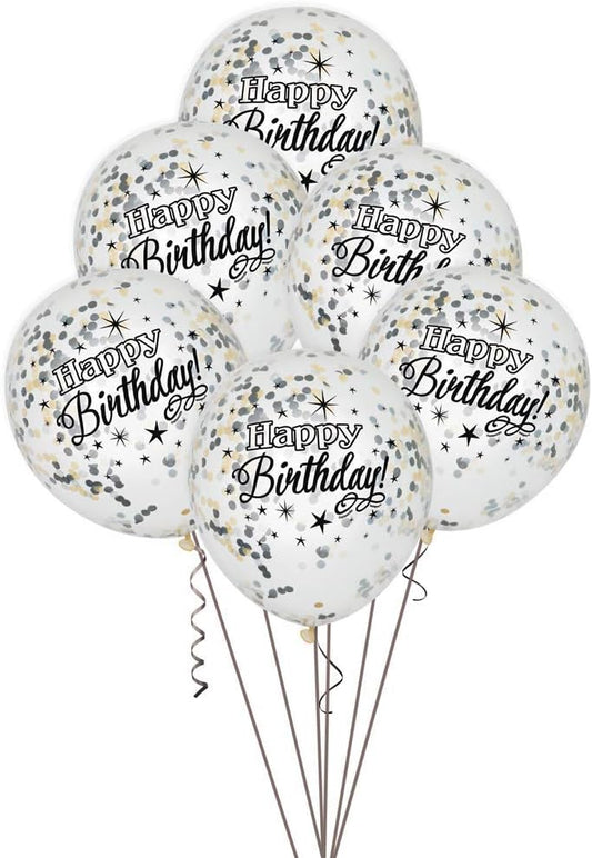 Unique Clear Black & Gold Glittering Birthday 12" Latex Balloons 6ct