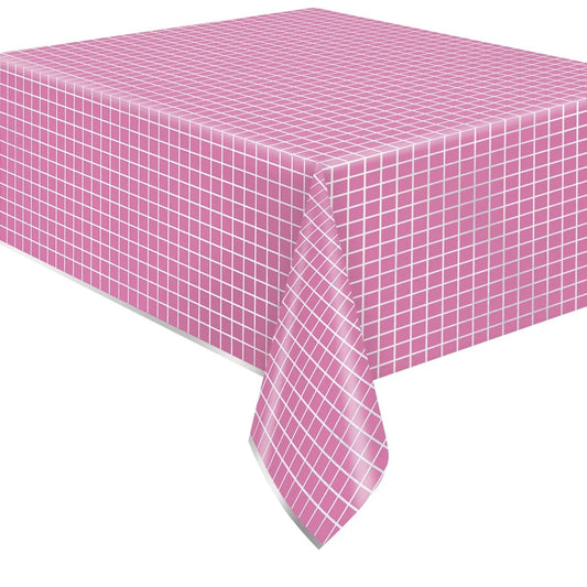 Unique Pink & Silver Check Rectangular Plastic Table Cover (137cm x 213cm)