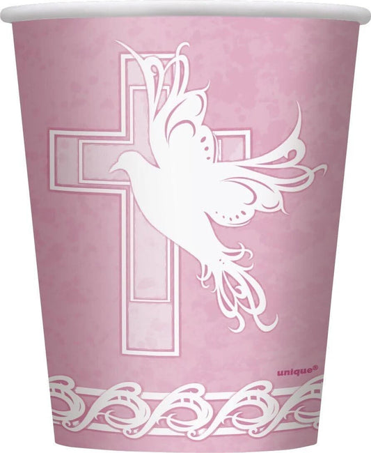 Pink Dove Cross Holy Communion Christening 9oz Paper Cups 8pc