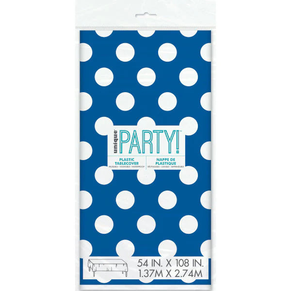 Rectangle Plastic Table Cover 54" x 108" | Blue Polka Dot