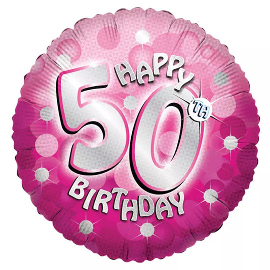 Happy 50th Birthday Pink Holographic 18-inch Foil Balloon